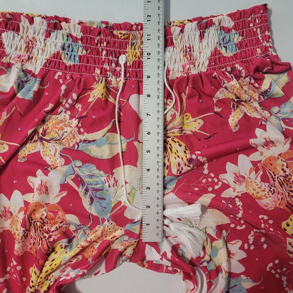 West Loop Wide Leg Pull On Pants Pink Floral XL Smocked Waist Tassel Tropical - Picture 5 of 8